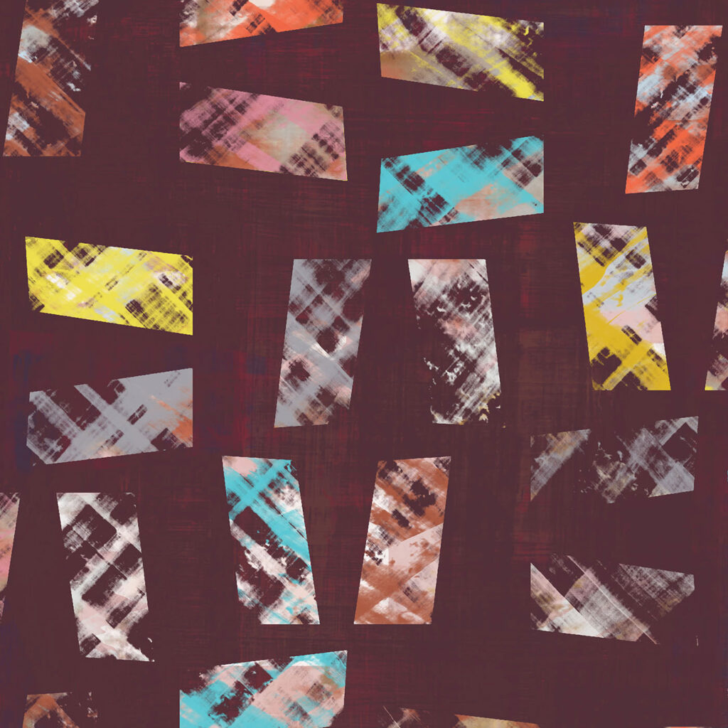 Plaza, pattern design, red, burgundy, blue, gold, pink, white, detail 2
