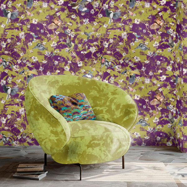 Pattern Silvis, colour Absynthe, on chair. Pluvia, colour Bacchus, on pillow. Avia, colour Rapture, on wall.