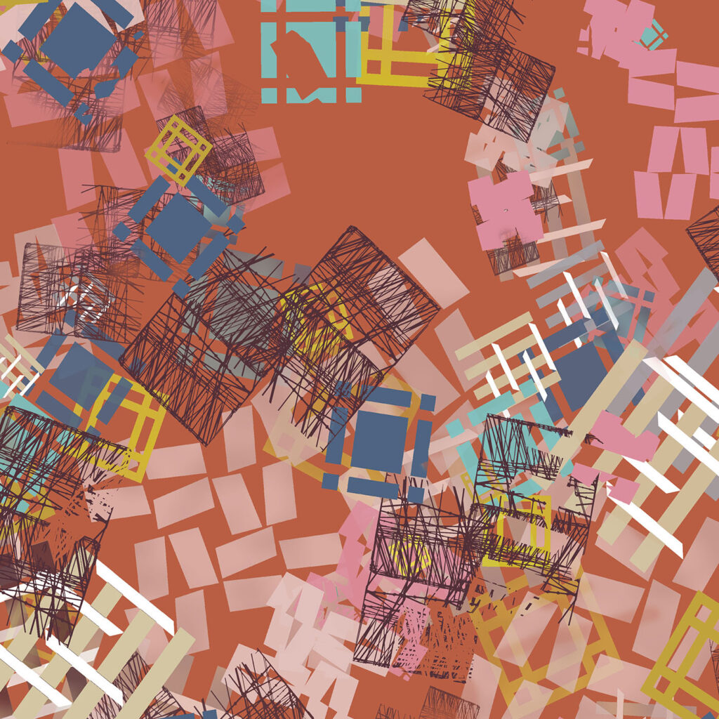 Structure, pattern design, brick, pink, tan, blue, gold, detail 2