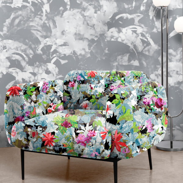 Pattern Flores, colour Fun, on chair. Silvis, colour Calm, on wall.