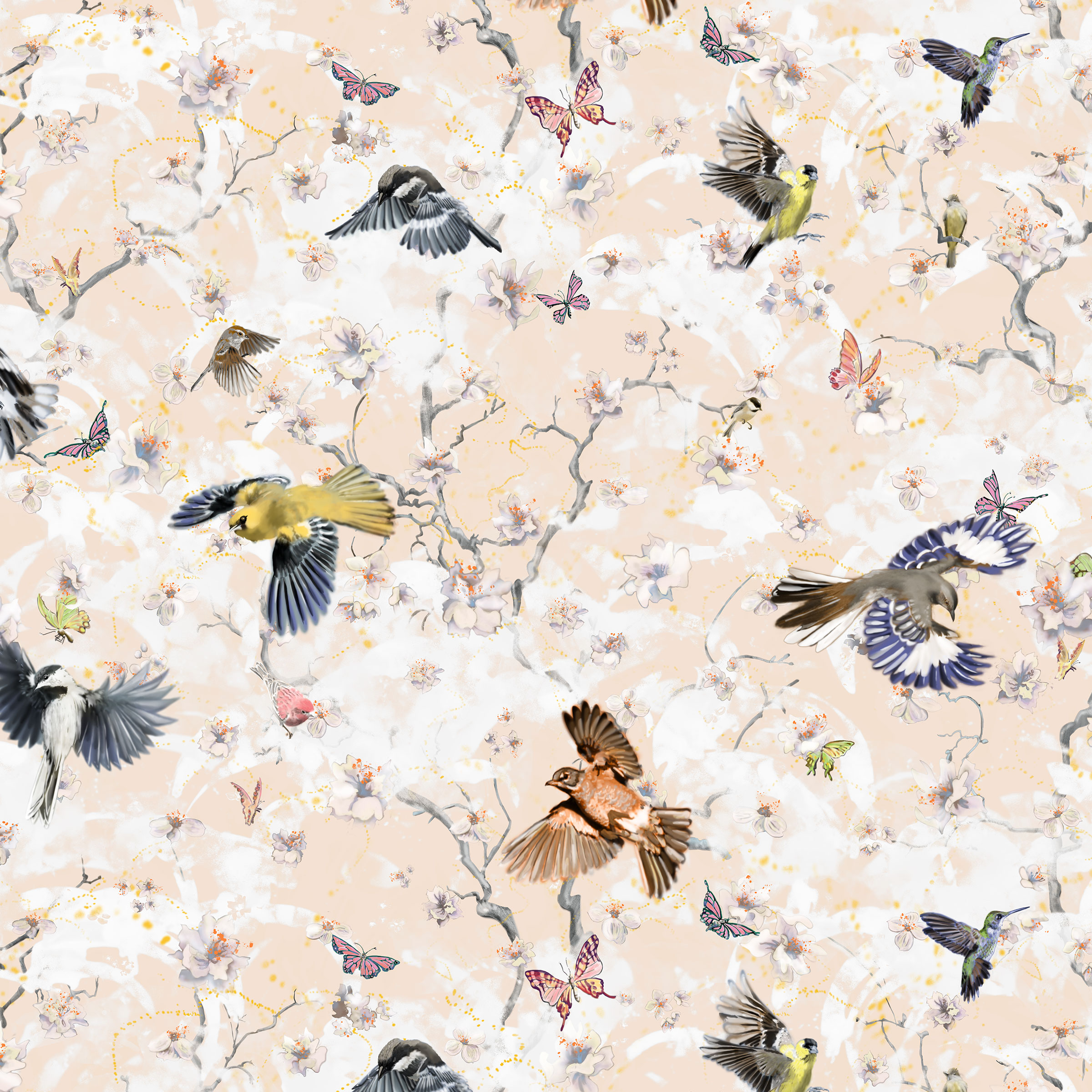 Avia, medium scale pattern with birds, butterflies, flowers and texture for upholstery and wallcovering.