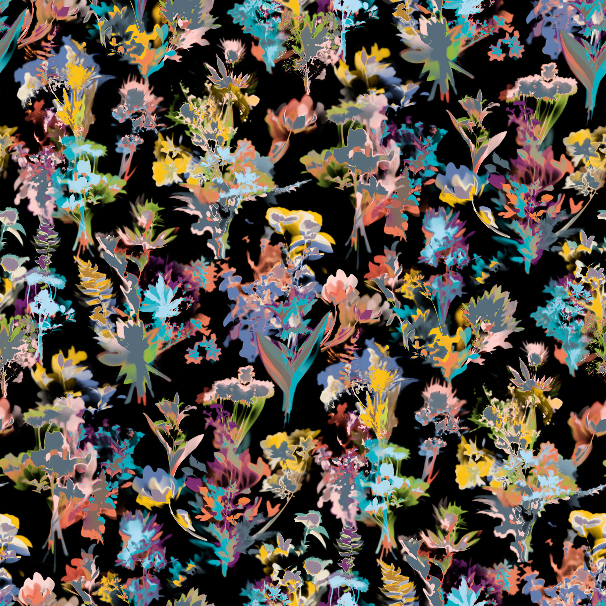 Floral upholstery pattern for interior design. Black colourway.