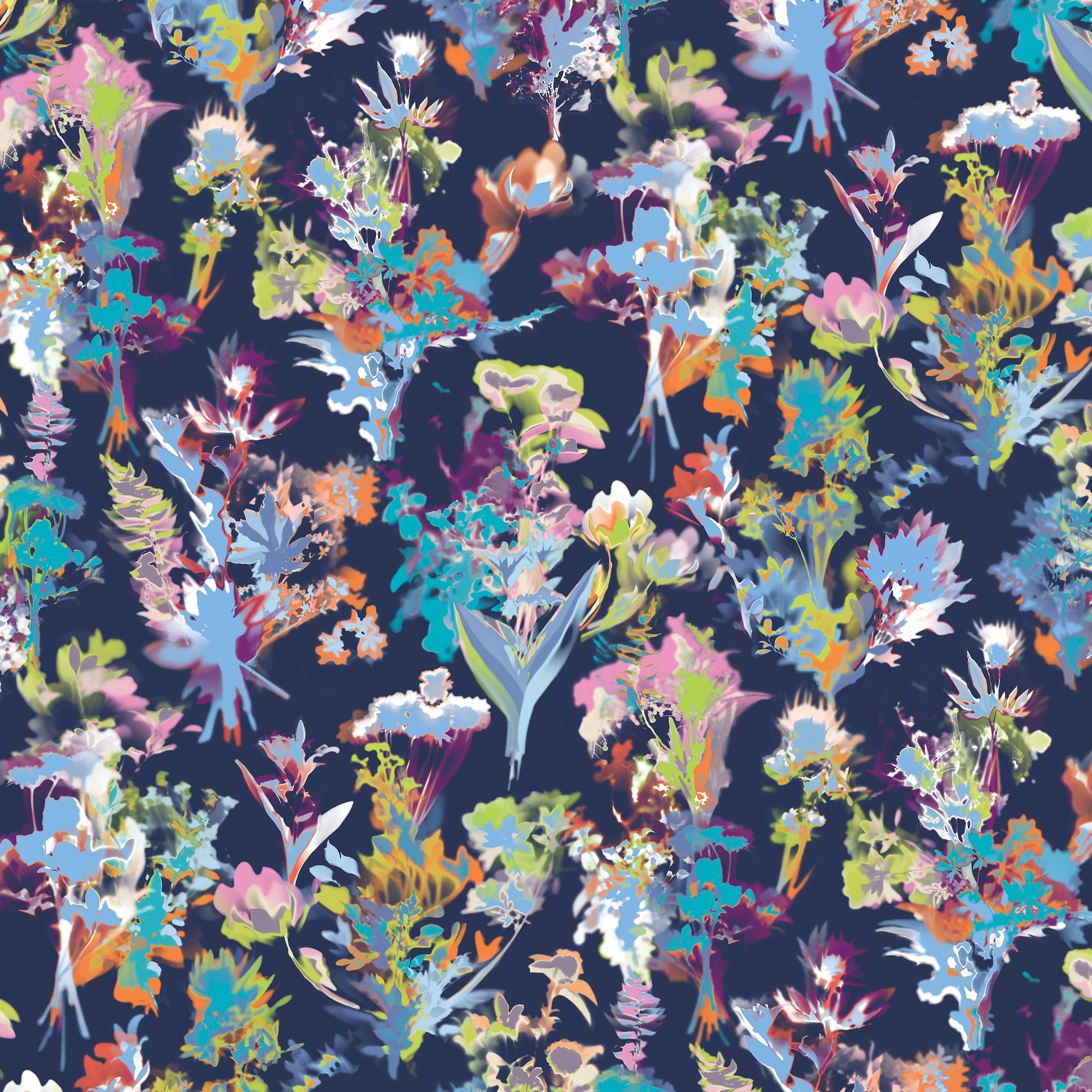 Floral upholstery pattern for interior design. Blue colourway.