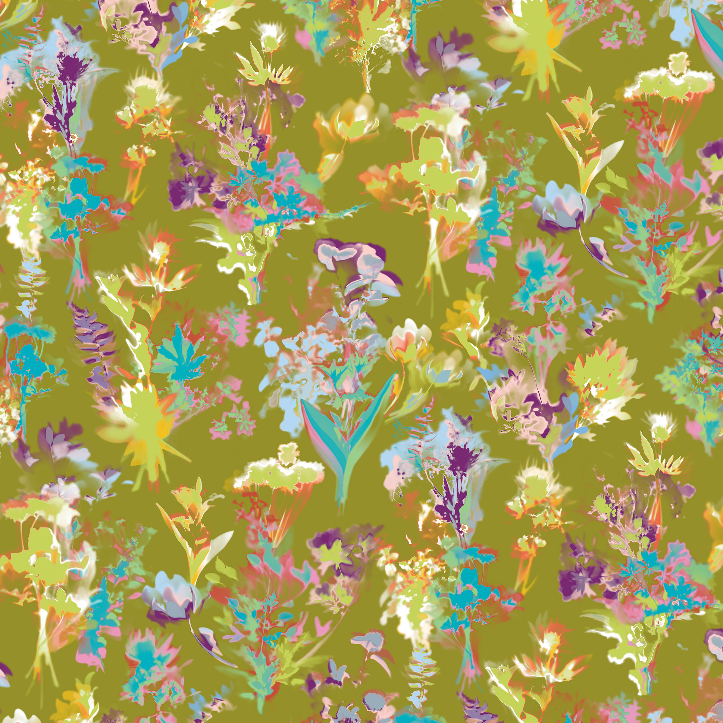 Floral upholstery pattern for interior design. Green colourway.