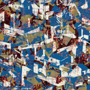 Cosmopolitan, Industrial look pattern design for upholstery fabric, green, burgandy, tan, blue, white. Blue colourway.
