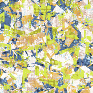 Cosmopolitan, Industrial look pattern design for upholstery fabric, white, gold, blue, green, Green colourway.