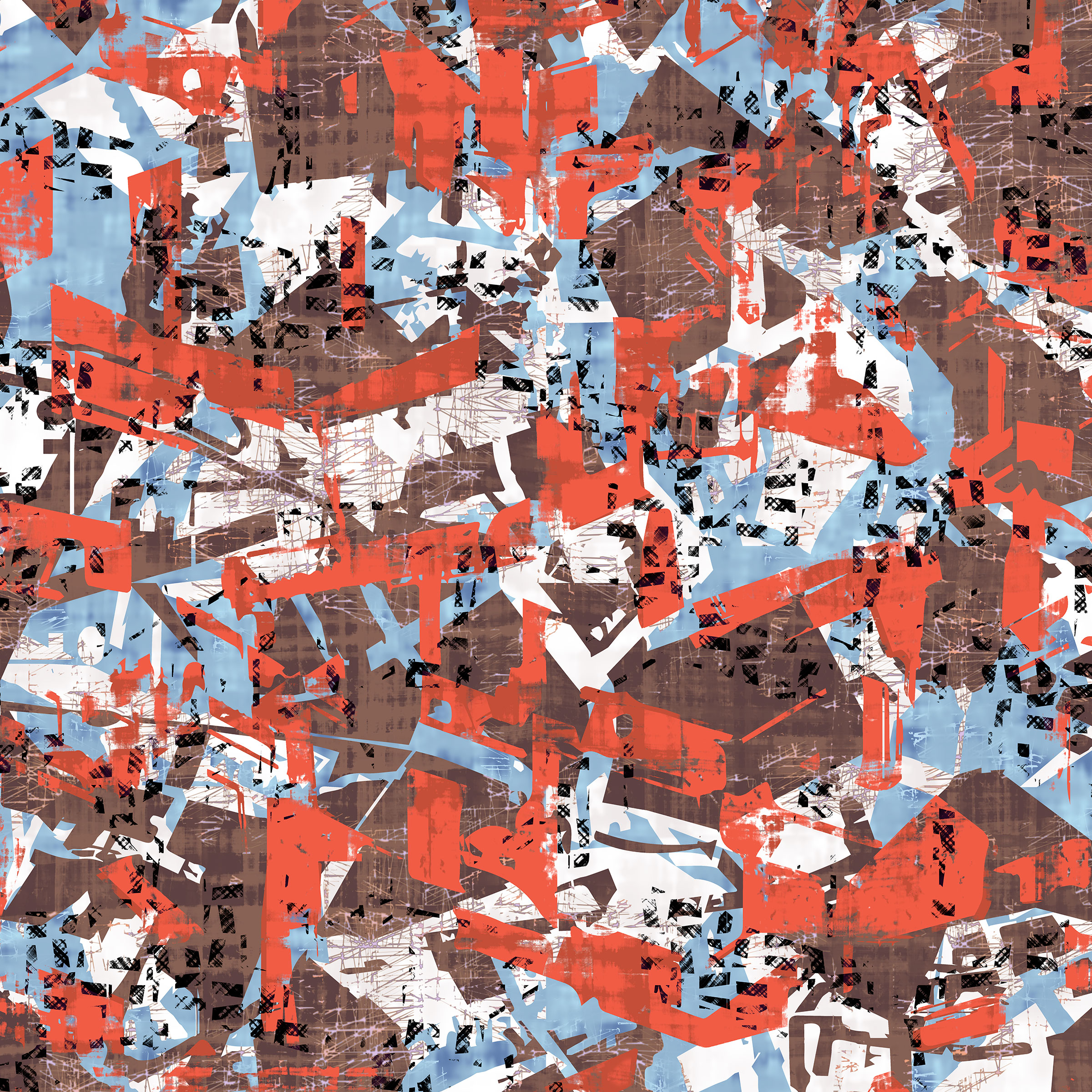 Cosmopolitan, Industrial look pattern design for upholstery fabric, red, brown, blue, white. Red colourway.