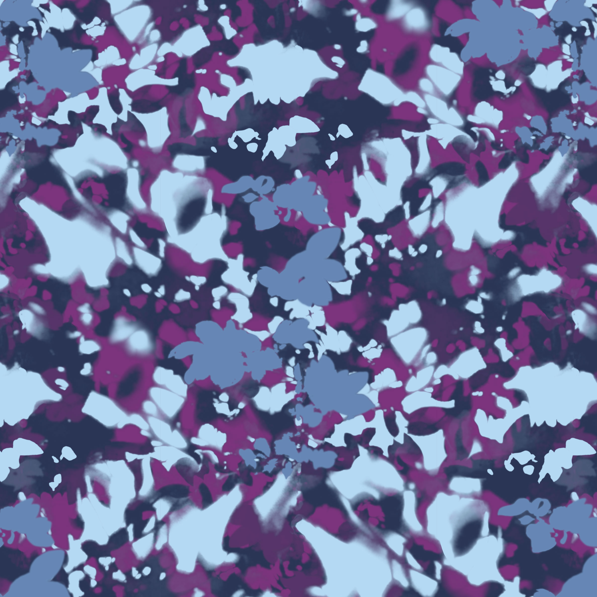 Dapple. Large scale abstracted leaf design. Blue colourway.