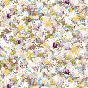Flores, floral design with leaves and fruit for upholstery and wallcovering.