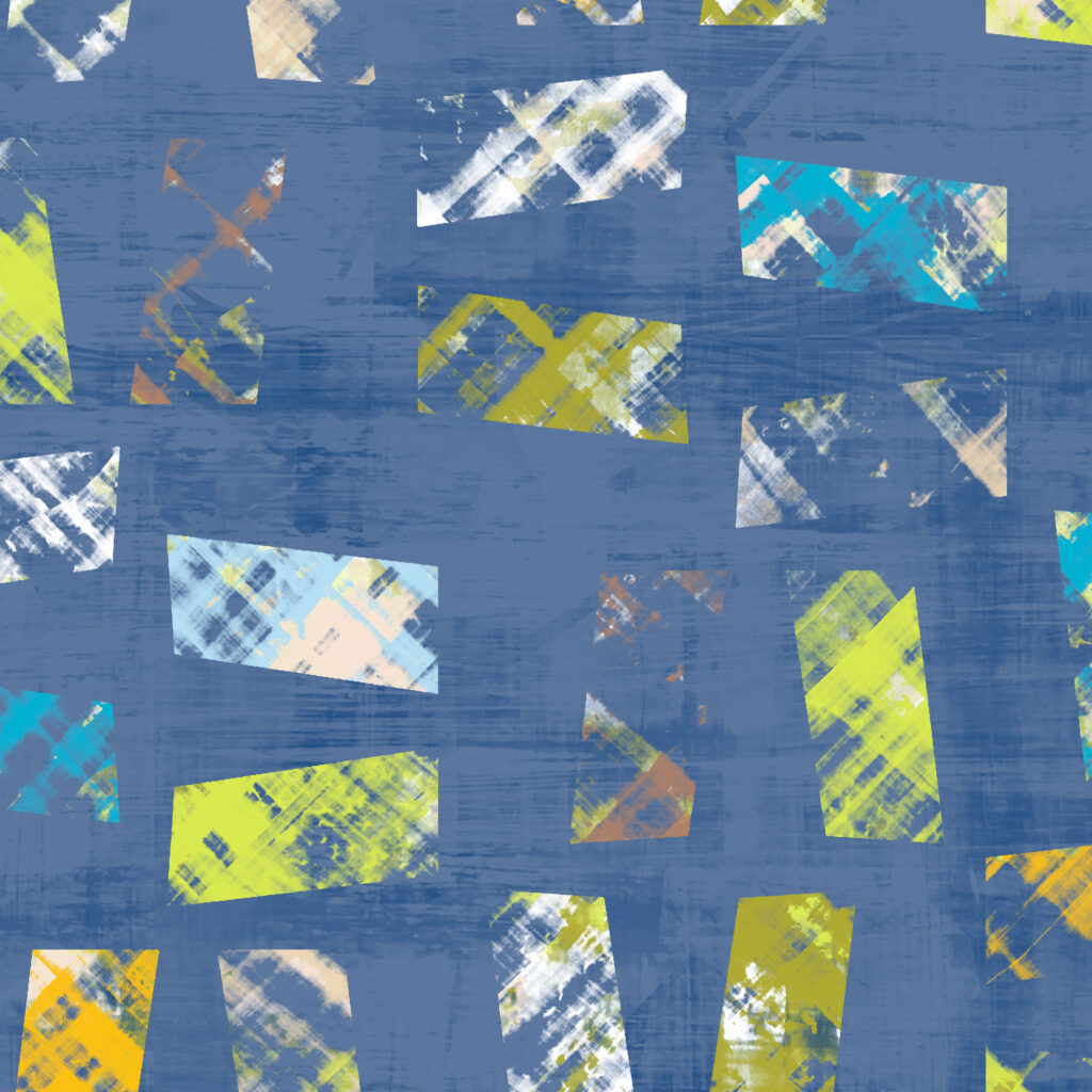 Detail. Poster, textured geometric textile design for upholstery. Blue colourway.