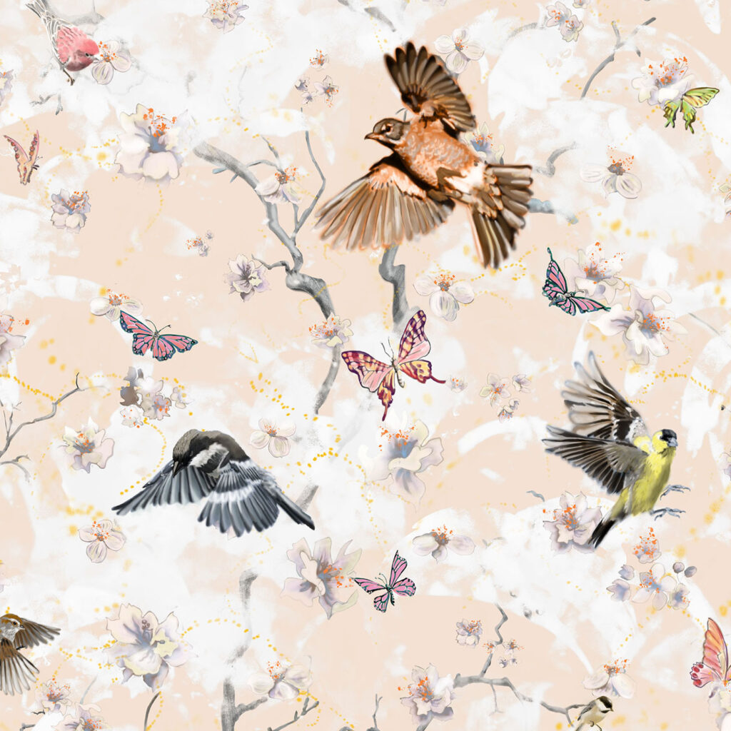 Avia, medium scale pattern with birds, butterflies, flowers and texture for upholstery and wallcovering.