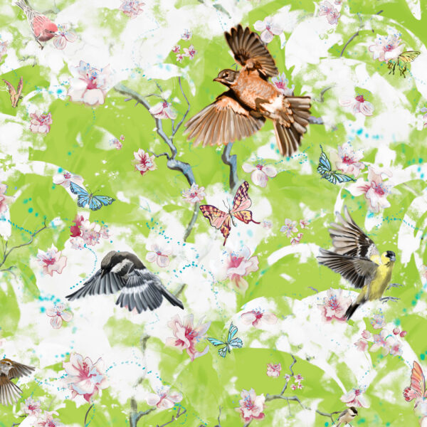 Avia, medium scale pattern with birds, butterflies, flowers and texture for upholstery and wallcovering.