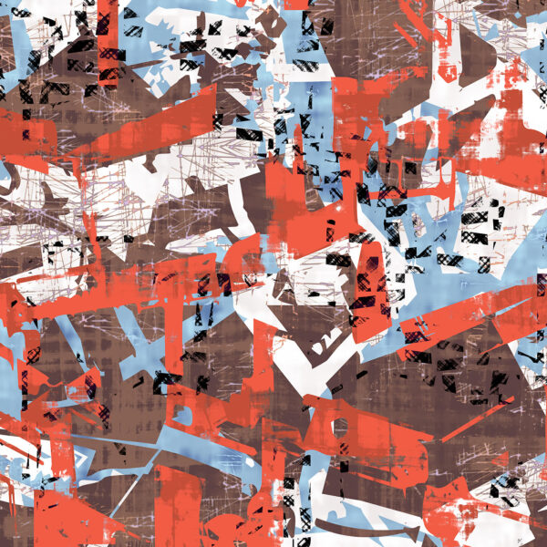 Detail. Cosmopolitan, Industrial look pattern design for upholstery fabric, red, brown, blue, white. Red colourway.