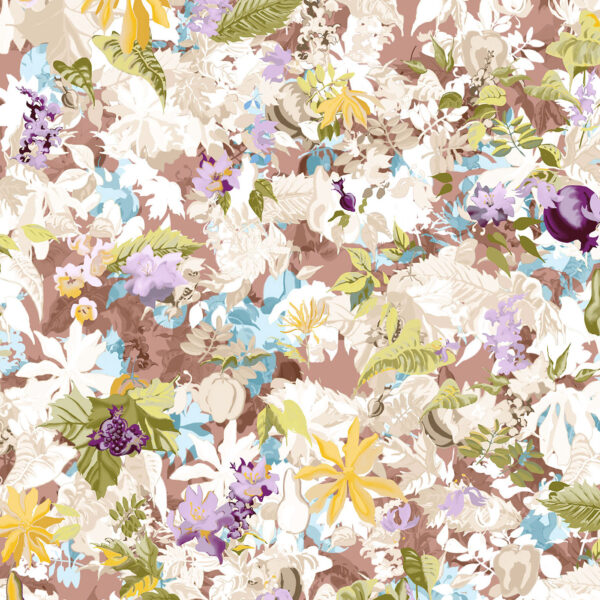 Flores, floral design with leaves and fruit for upholstery and wallcovering.
