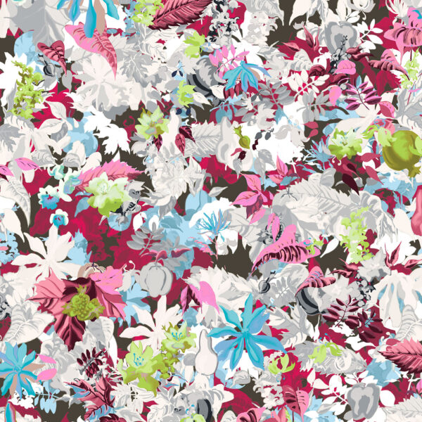 Flores, floral design with leaves and fruit for upholstery and wallcovering.