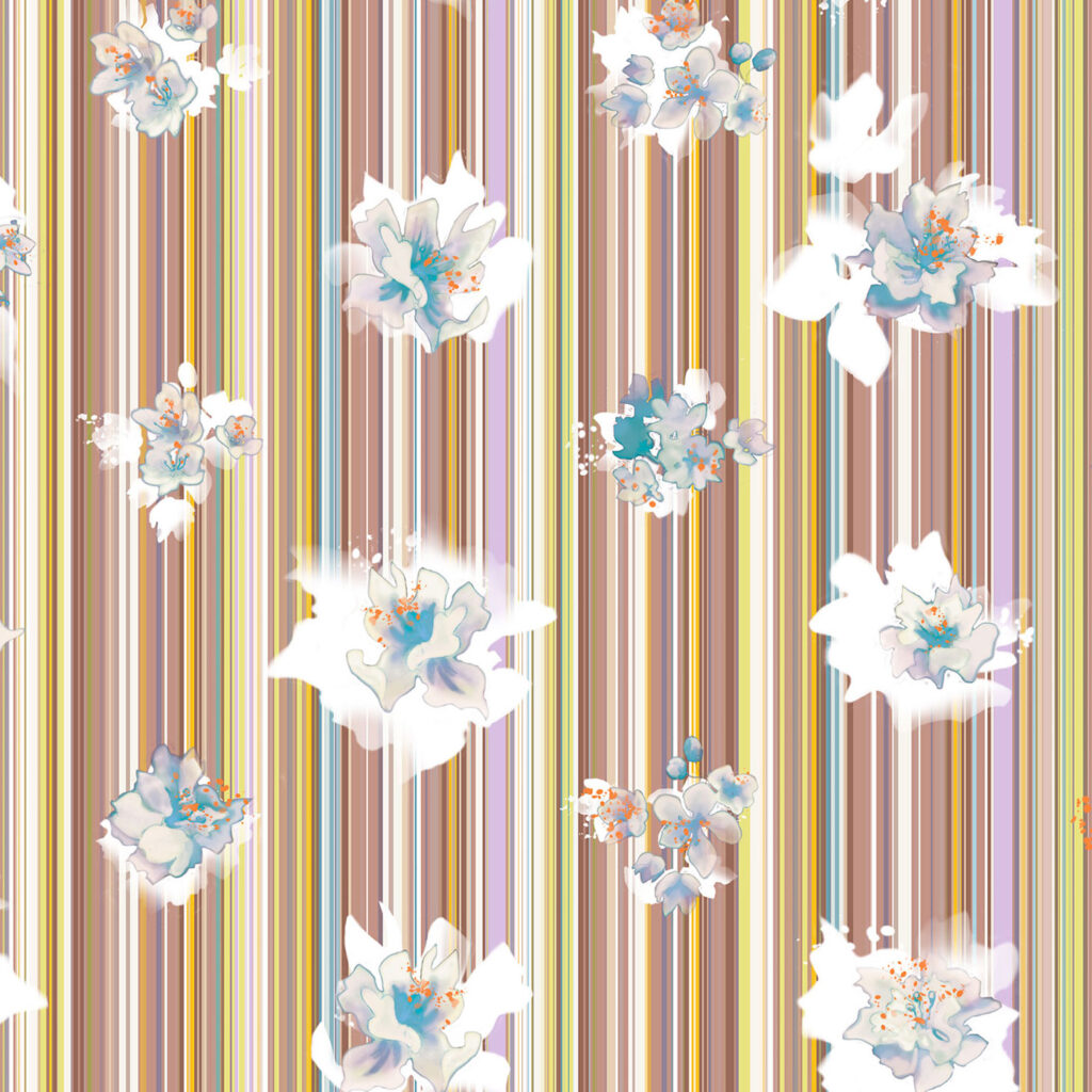 Spalliera, pattern design, stripe with flowers for upholstery and wallcovering.