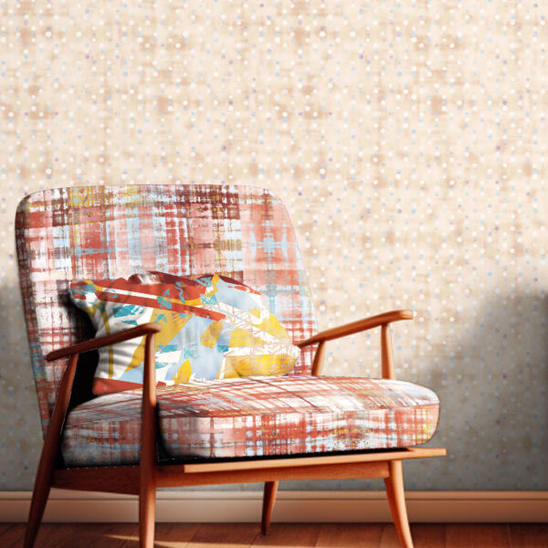 Pattern Reflection, colour Revive, on chair. Cosmopolitan, colour Renewal, on pillow. Signal, colour Grains, on wall.