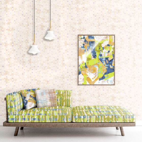 Pattern Poster, colour Buds, on sofa. Cosmopolitan, colour Grow, on left pillow and in picture frame. Reflection, colour Dreaming, on right side pillow. Signal, colour Seed, on wall.