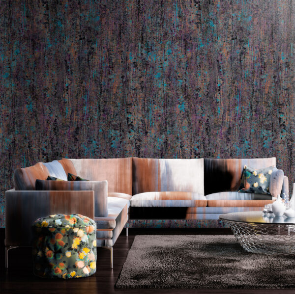 Pattern Planar, colour Aurora, on sofa. Sheen, colour Galaxy, on wall. Bloom, colour Dusk, on ottoman and pillows.