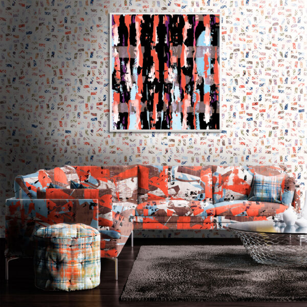 Pattern Cosmopolitan, colour Bustle, on sofa. Dance, colour Dance on wall. Reflection, colour Led, on ottoman. Poster, colour Jazz, in picture frame.