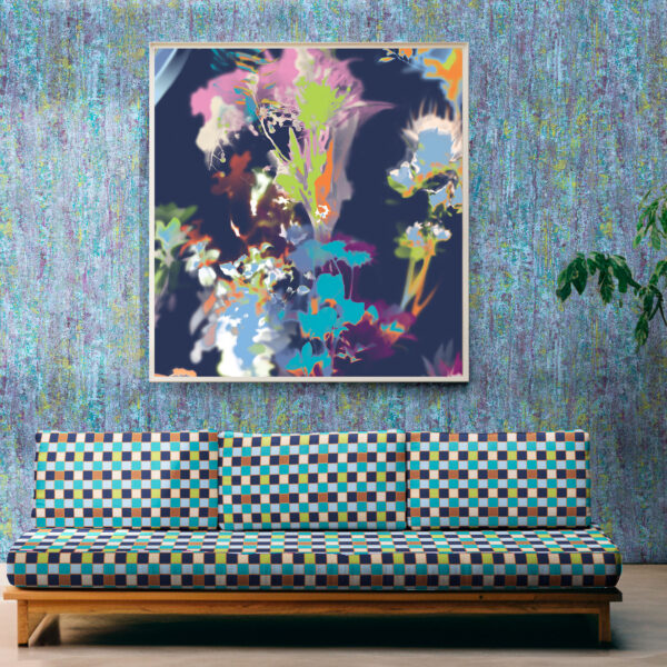 Pattern Trellis, colour Eve, on Sofa. Sheen, colour Cool on wall. Bouquet, colour Shadow, in picture.