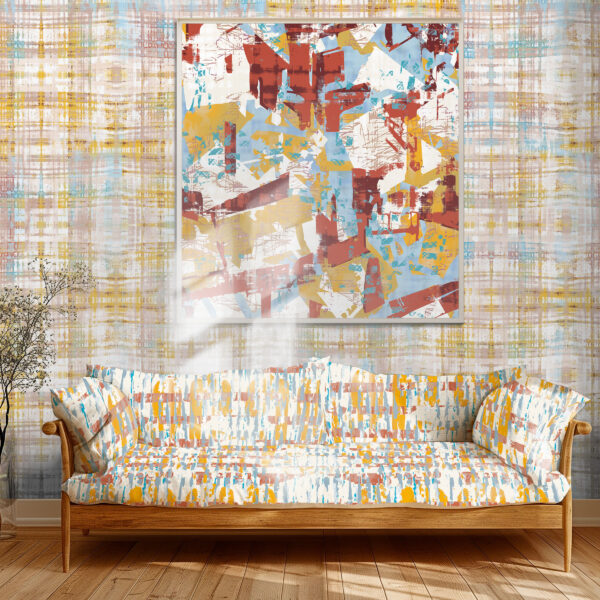 Pattern Poster, colour Breath, on sofa. Reflection, colour Daydream, on wall. Cosmopolitan, colour Renewal, in frame.