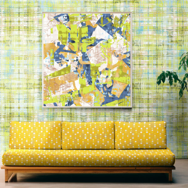 Pattern Signal, colour Pollen, on sofa. Reflection, colour Leaf, on wall. Cosmopolitan, colour Grow, in picture frame.