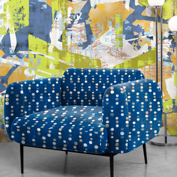 Pattern Signal, colour Blues, on chair. Cosmopolitan, colour Grow, on wall.