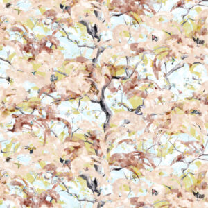 Arbor Vitae. Large scale tree of life design with flowers and birds for upholstery and wallcovering.
