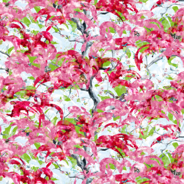 Arbor Vitae. Large scale tree of life design with flowers and birds for upholstery and wallcovering.