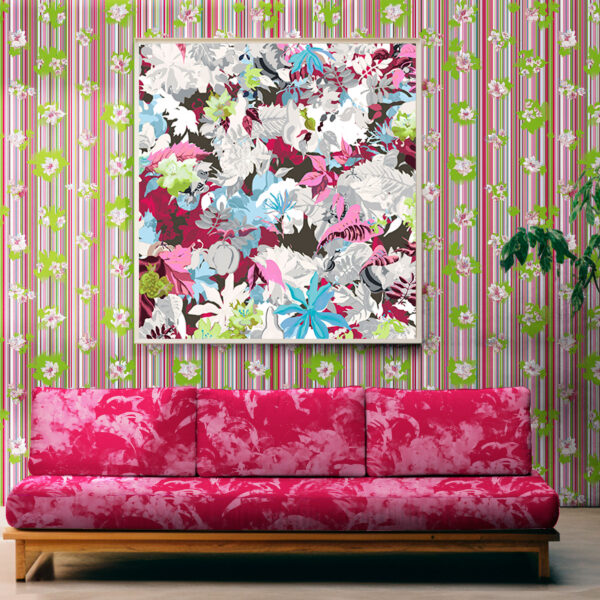 Pattern Silvis, colour Lovely, on sofa. Spalliera, colour Blossom, on wall. Flores, colour Picnic, in picture frame.