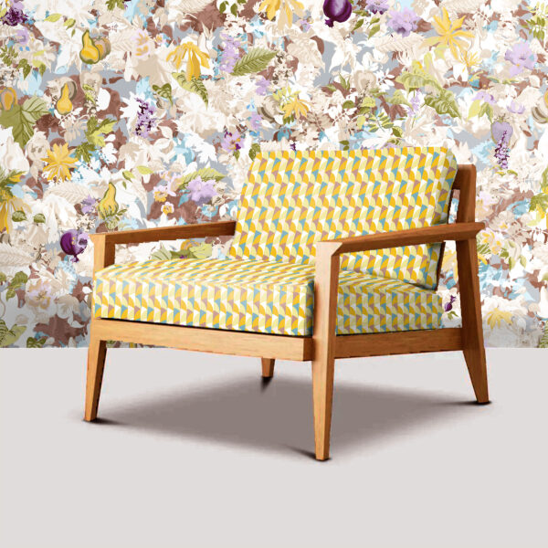 Pattern Terra, colour Citrus, on chair. Flores, colour Echo, on wall.