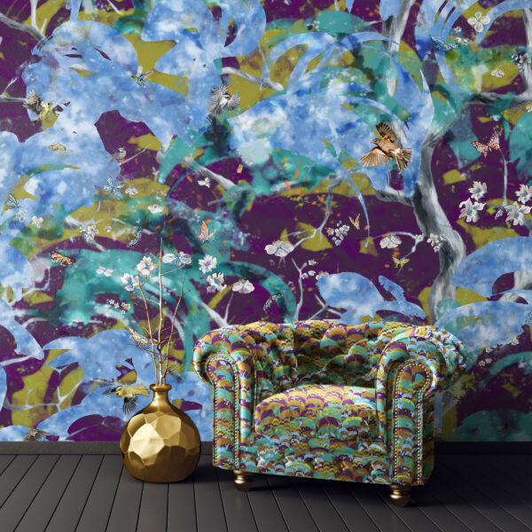 Pattern Pluvia, colour Bacchus, on chair. Arbour Vitae, colour Indulge, on wall.