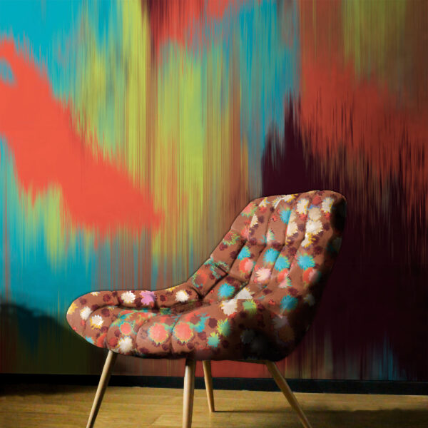 Pattern Bloom, colour Lambent on chair. Planar, colour Fiery on wall.