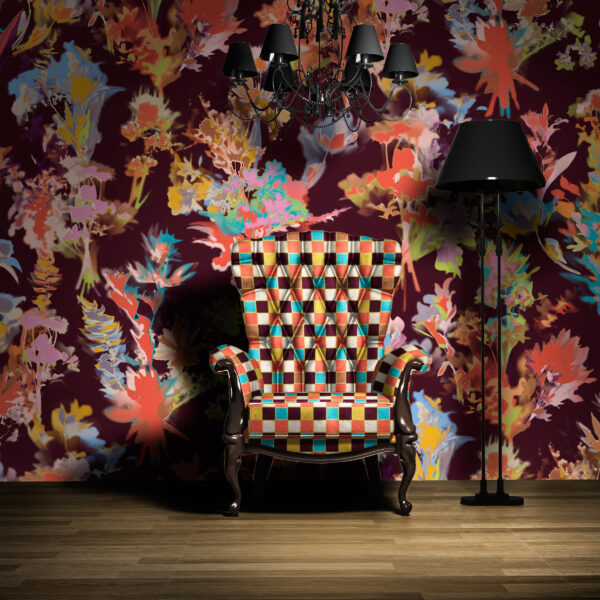 Pattern Bouquet, colour Flare, on wall. Trellis, colour Luminous, on chair.