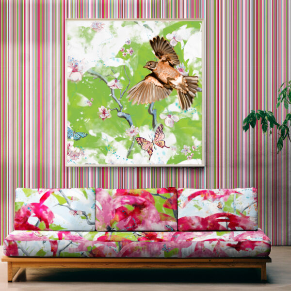 Pattern Arbor Vitae, colour Pastoral, on sofa. Avia, colour Spring, in frame, Herba, colour Bucolic, on wall.