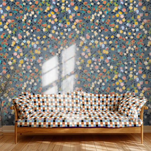 Pattern Bloom, colour Dusk, on wall. Trellis, colour Shift, on sofa.