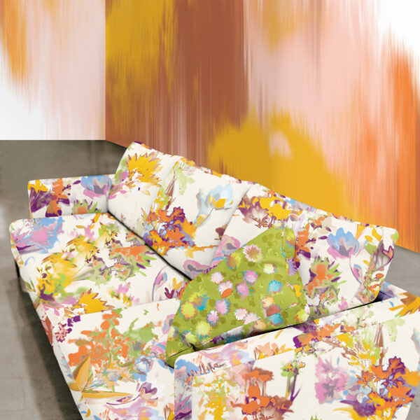 Pattern Bouquet, colour Shine, on Sofa. Blossom, colour shimmer on pillow. Planar, colour Lustre on wall