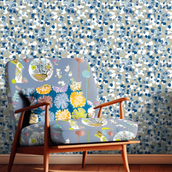 The Rita's World textile and wallcovering collection by Mushaboom Design. Fest thistle and Confetti fling.