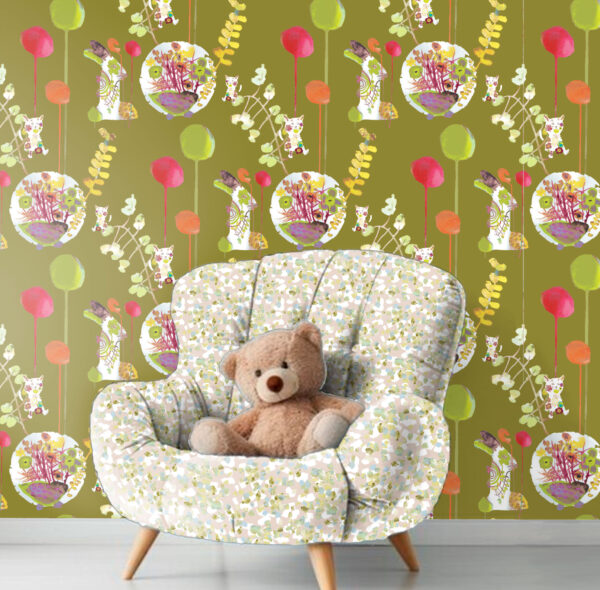 The Rita's World textile and wallcovering collection by Mushaboom Design. Fest Birthday and Confetti Cast.