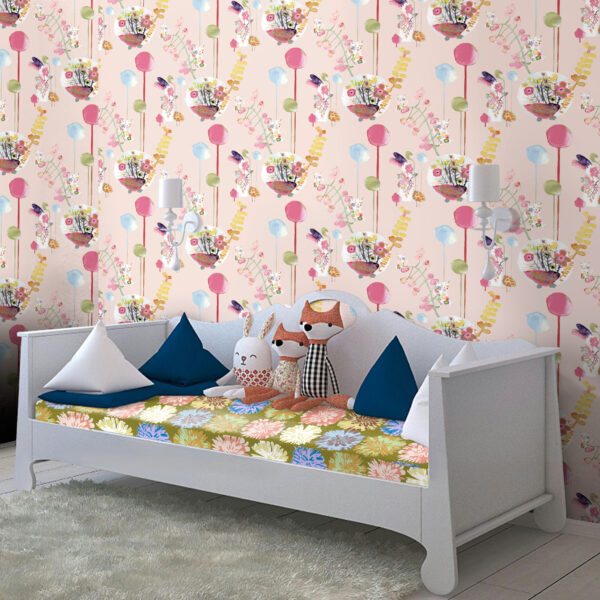 The Rita's World textile and wallcovering collection by Mushaboom Design. Fest Birthday and Posey Spray.