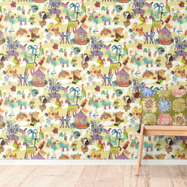 The Rita's World textile and wallpaper collection by Mushaboom Design. Fest colour Sunny.