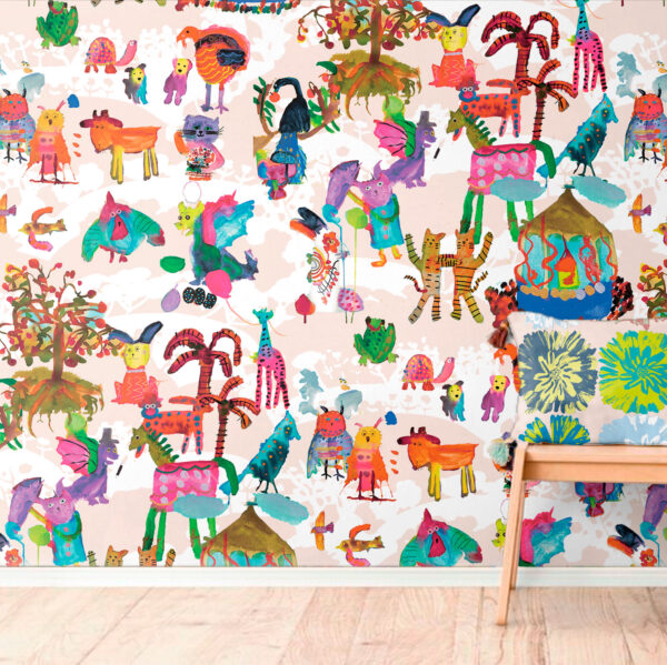 The Rita's World textile and wallpaper collection by Mushaboom Design. Circus Prismatic.