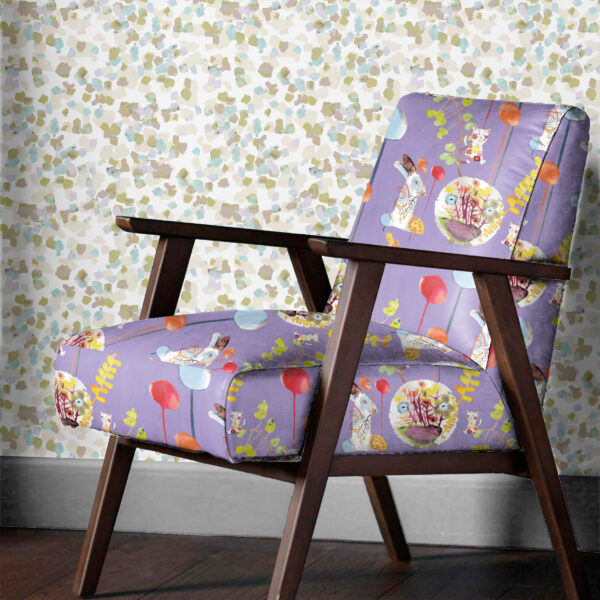 The Rita's World textile and wallcovering collection by Mushaboom Design. Fest Soiree and Confetti Sling..