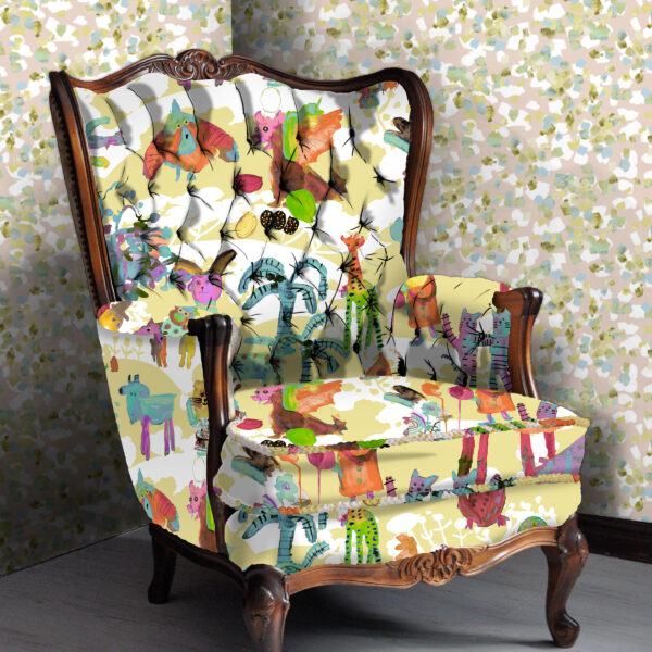 The Rita's World collection of textiles and wallcoverings by Mushaboom Design. Circus Ringling, Confetti Dash.