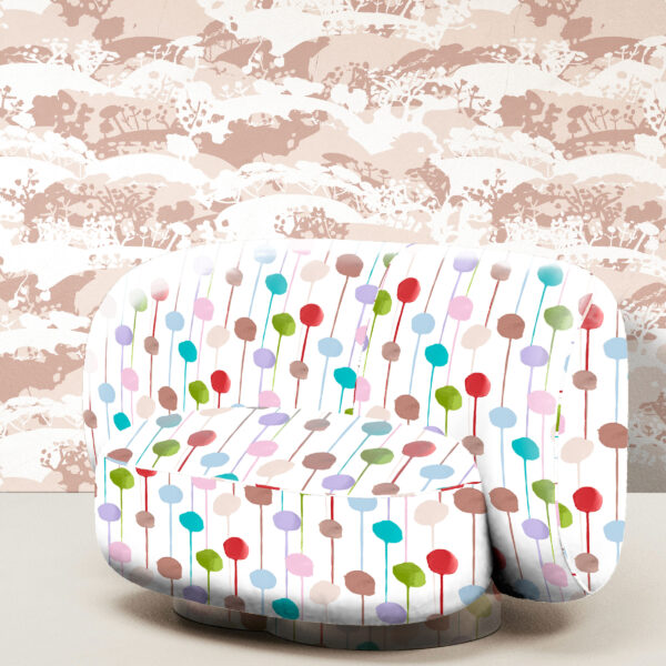 The Rita's World collection of textiles and wallcoverings by Mushaboom Design. Picnic June. Balloon Candy.