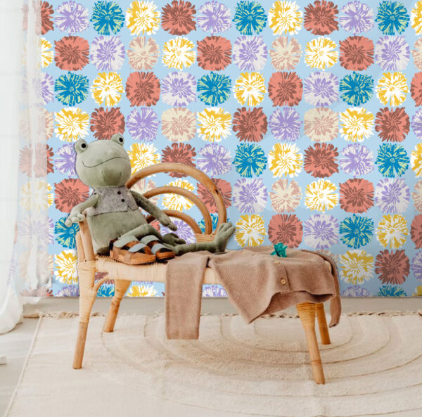 The Rita's World collection of textiles and wallcoverings by Mushaboom Design. Posey colour Aura.