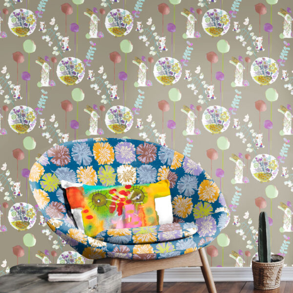 The Rita's World textile and wallcovering collection by Mushaboom Design. Fest Rest, Posey Thistle.