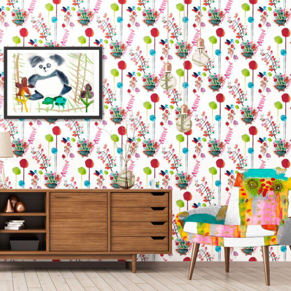 The Rita's World textile and wallcovering collection by Mushaboom Design. Fest Rainbow and Moo