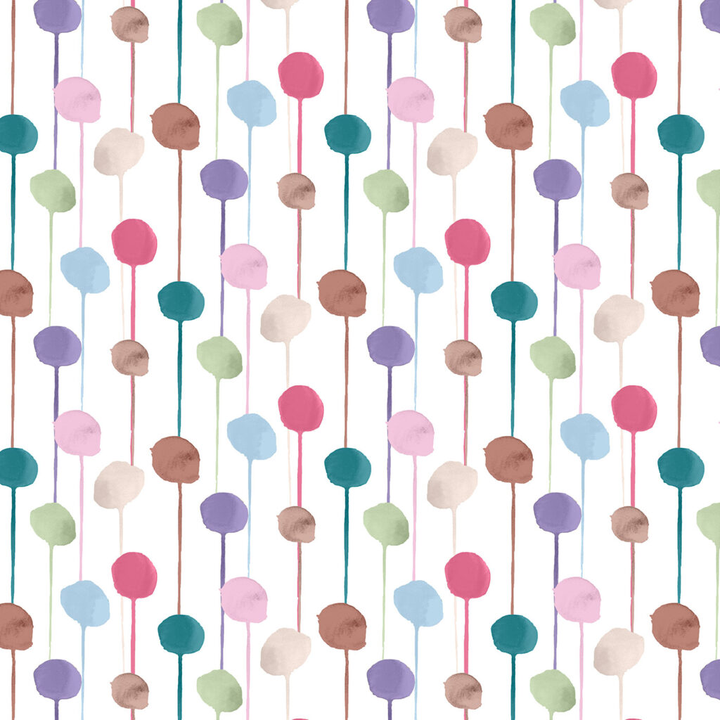 The Rita's World collection by Mushaboom Design. Textiles and wallcoverings. Pattern Balloon, colour Bon Bon. Detail.